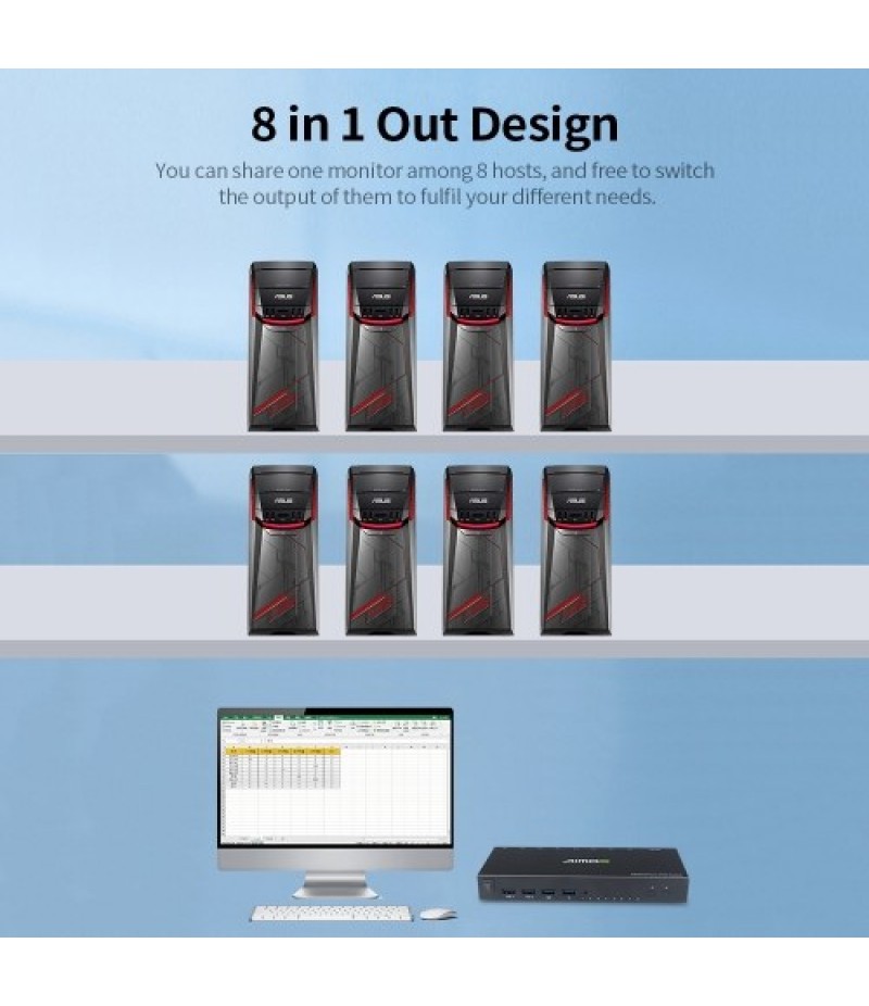  8 in 1 Out HDMI KVM Switch Sharing Monitor/Keyboard/Mouse/Printer among 8 Hosts/ 4K@30Hz/Audio&amp;Video Sync Output Black