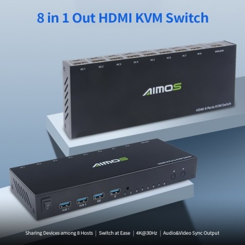  8 in 1 Out HDMI KVM Switch Sharing Monitor/Keyboard/Mouse/Printer among 8 Hosts/ 4K@30Hz/Audio&amp;Video Sync Output Black