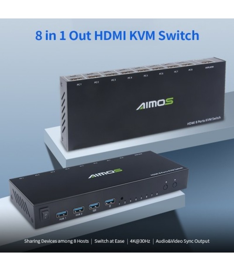  8 in 1 Out HDMI KVM Switch Sharing Monitor/Keyboard/Mouse/Printer among 8 Hosts/ 4K@30Hz/Audio&amp;Video Sync Output Black