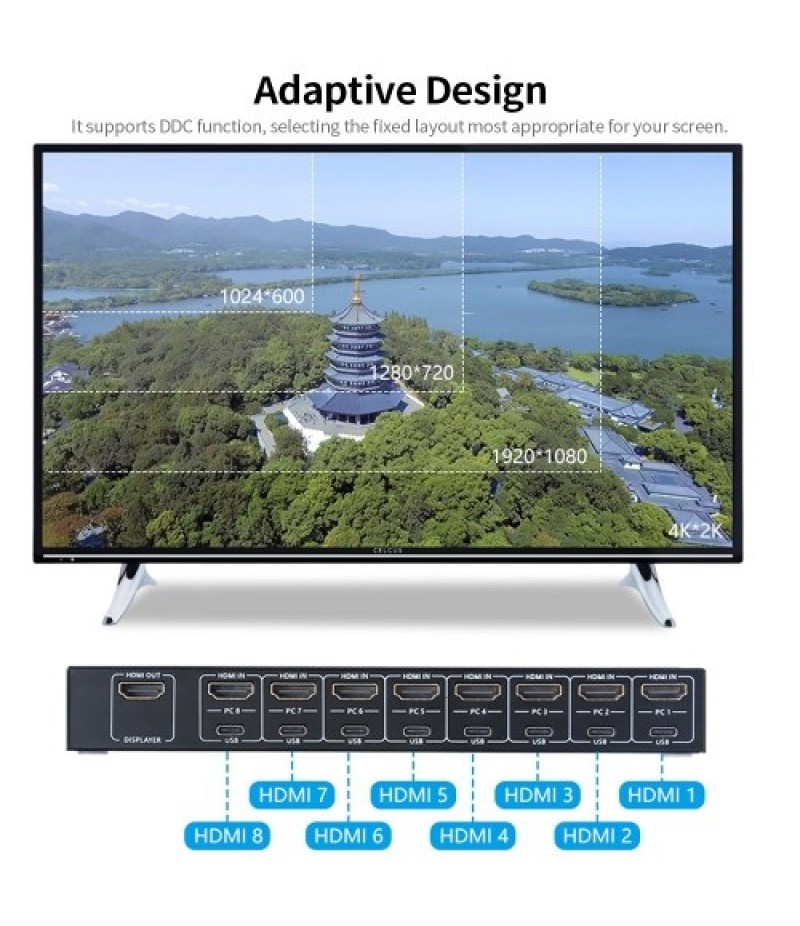  8 in 1 Out HDMI KVM Switch Sharing Monitor/Keyboard/Mouse/Printer among 8 Hosts/ 4K@30Hz/Audio&amp;Video Sync Output Black