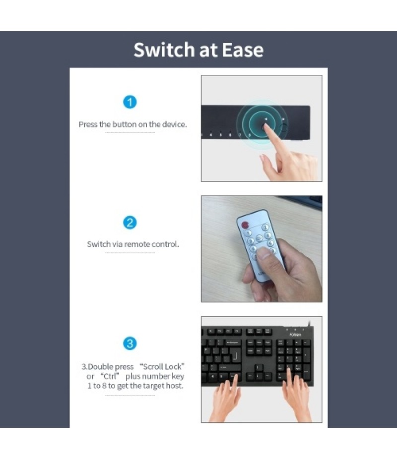  8 in 1 Out HDMI KVM Switch Sharing Monitor/Keyboard/Mouse/Printer among 8 Hosts/ 4K@30Hz/Audio&amp;Video Sync Output Black