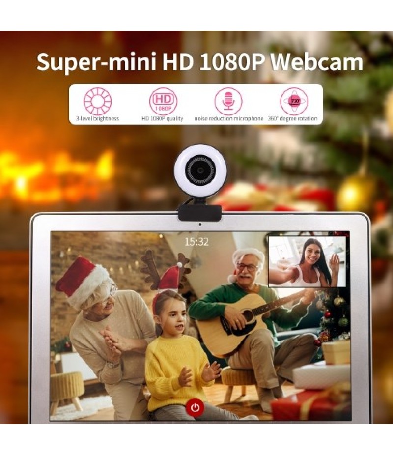 1080P HD Webcam with Ring Light Mini Autofocus Webcam Built in Microphone Webcam for Video/Live Streaming/Videoconferencing