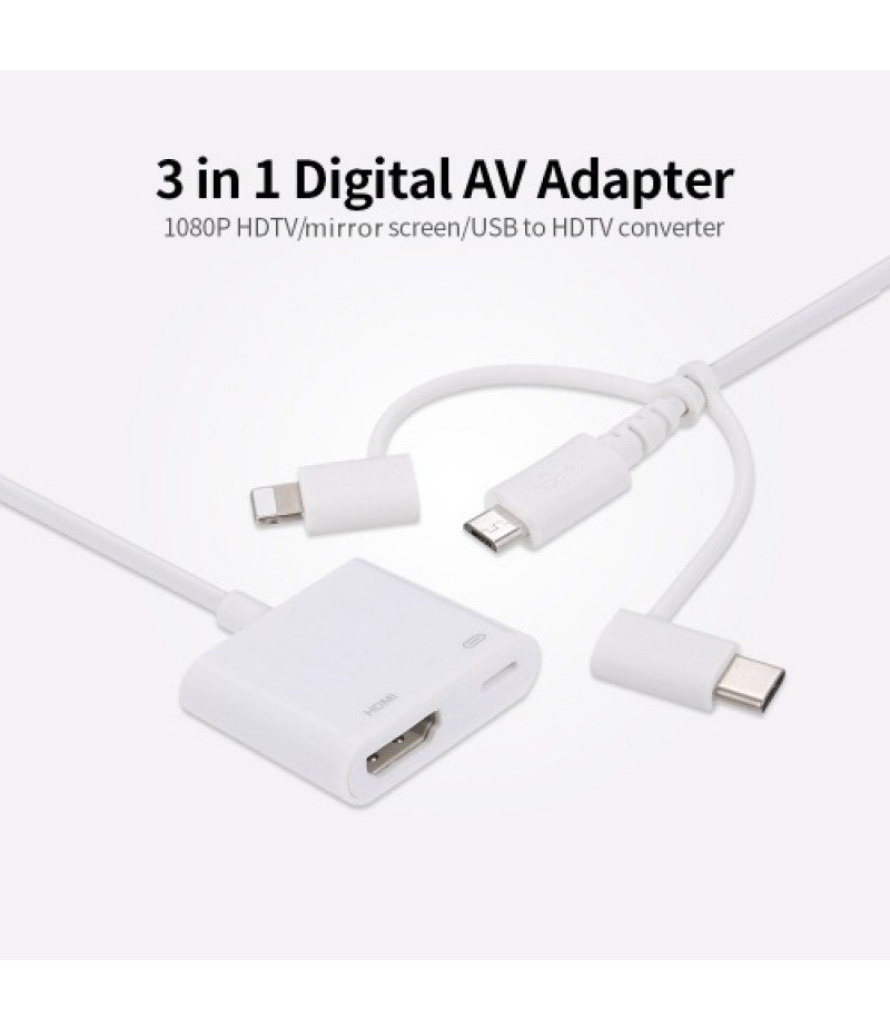 3 in 1 Digital AV Adapter 1080P HDTV Converter Phone Display Dongle USB to HD Adapter Compatible with  Apple/Android/Type-C Phon