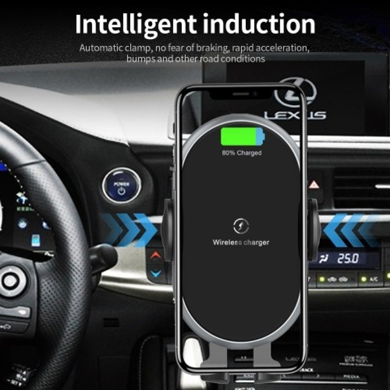 X366 Car Wireless Charger Full-Automatic Vehicle Bracket 10W Fast Charge Intelligent induction Holder with Chuck Bracket Gray