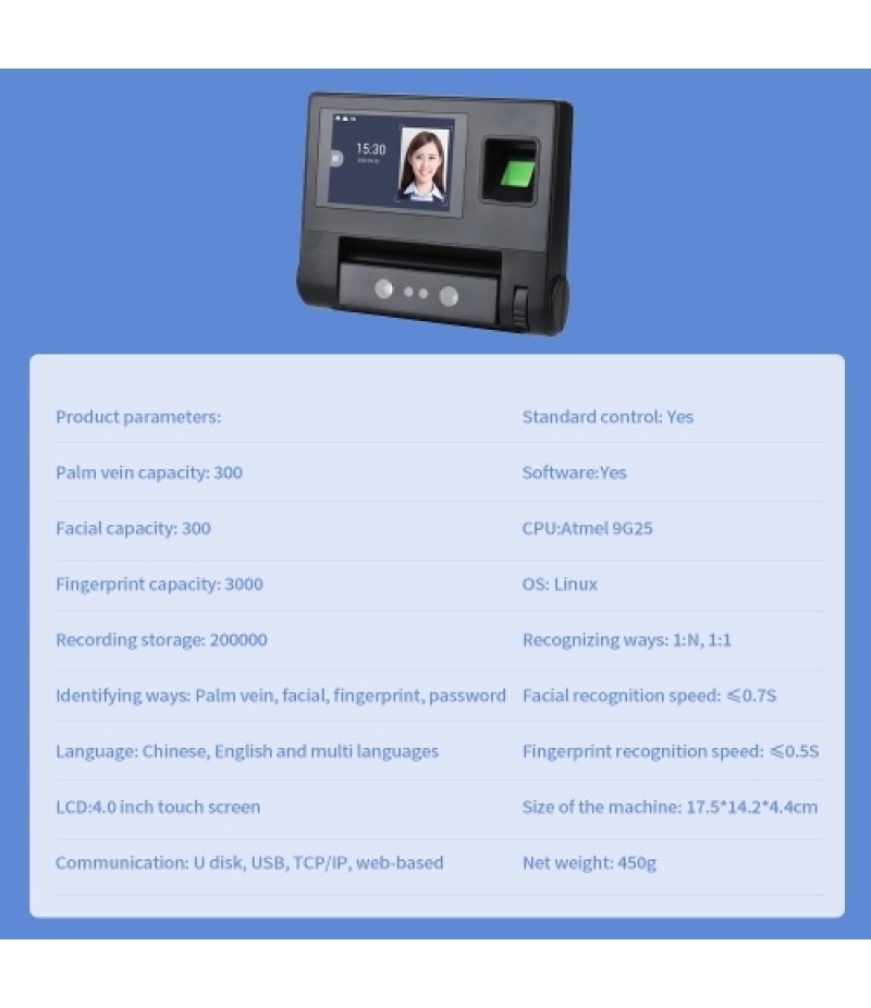 Palm Vein+ Facial Recognition Time Attendance Machine Wide Application 4.0 Inch LCD Large Capacity Fast Recognition Plug EU