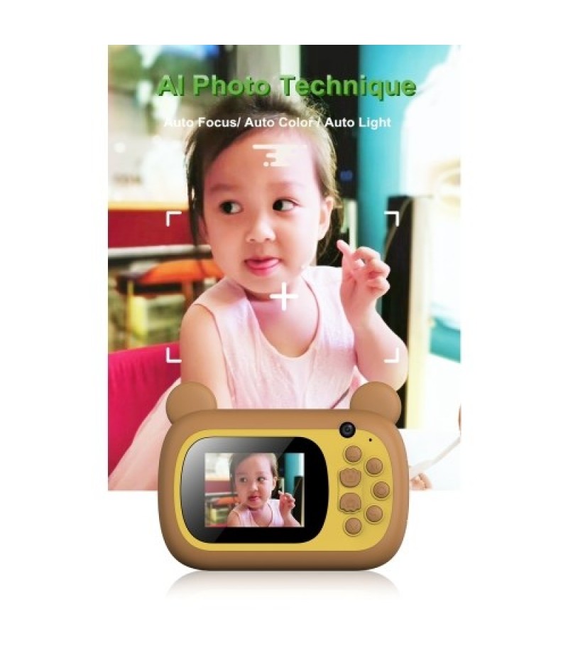 Instant Print Digital Camera Cute 24MP 1080P Front Rear Camera 2.4inch IPS Screen Kids Camera Mini Cam Brown