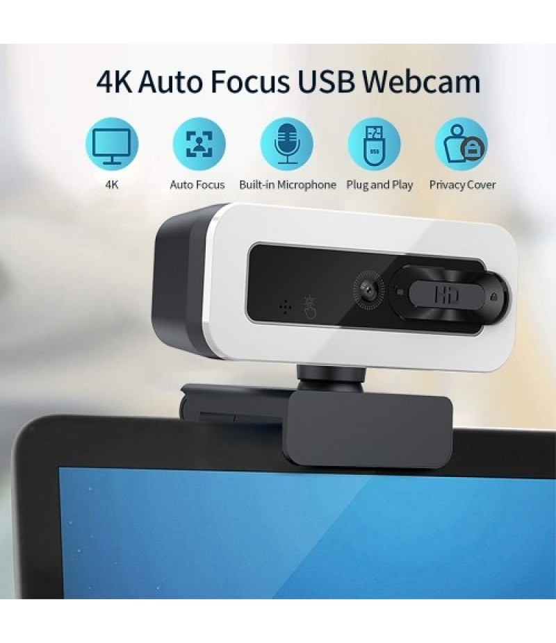 4K Auto Focus USB Webcam Driver-free Web Camera with Noise Reduction Microphone Privacy Cover for Video Chat Online Conference