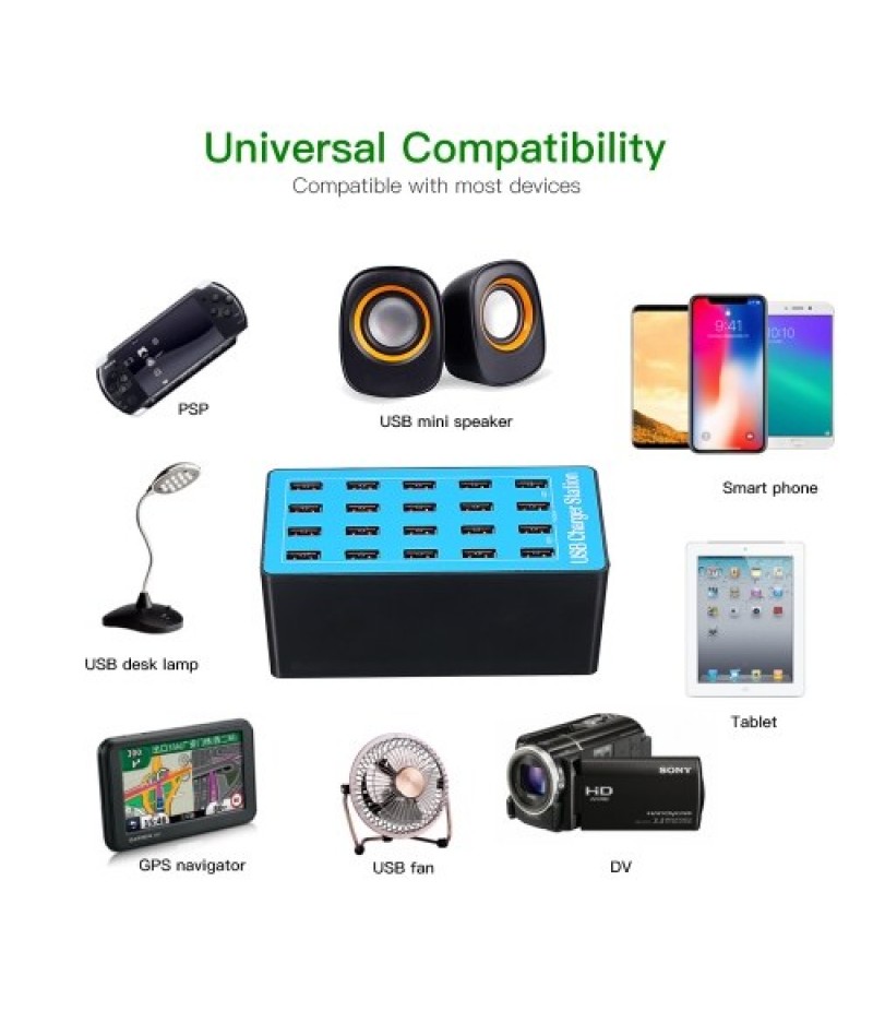USB Smart Charger with 20 Ports Power Adapter of Universal Compatibility Charging Station for Family and Office Use