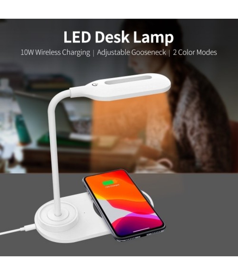 Touch Control LED Desk Lamp with Wireless Charger Eye Caring Reading Light for Home Office 2 Color Modes Adjustable Gooseneck, W