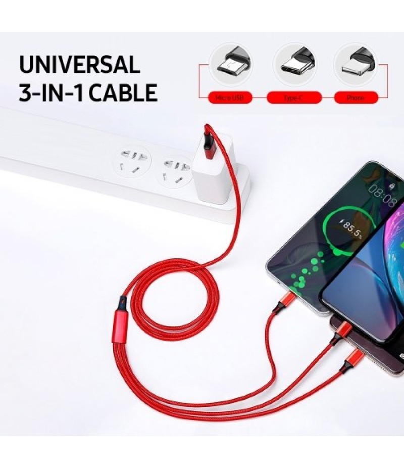 3-in-1 Universal Cable 2.4A Multifunctional One-for-All Cord with Type-C/Micro USB Ports/Reinforced Protective Cover, Blue