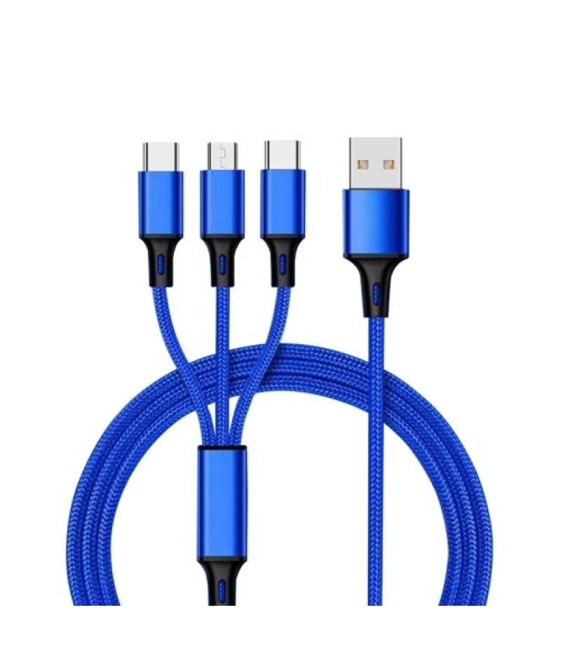 3-in-1 Universal Cable 2.4A Multifunctional One-for-All Cord with Type-C/Micro USB Ports/Reinforced Protective Cover, Blue