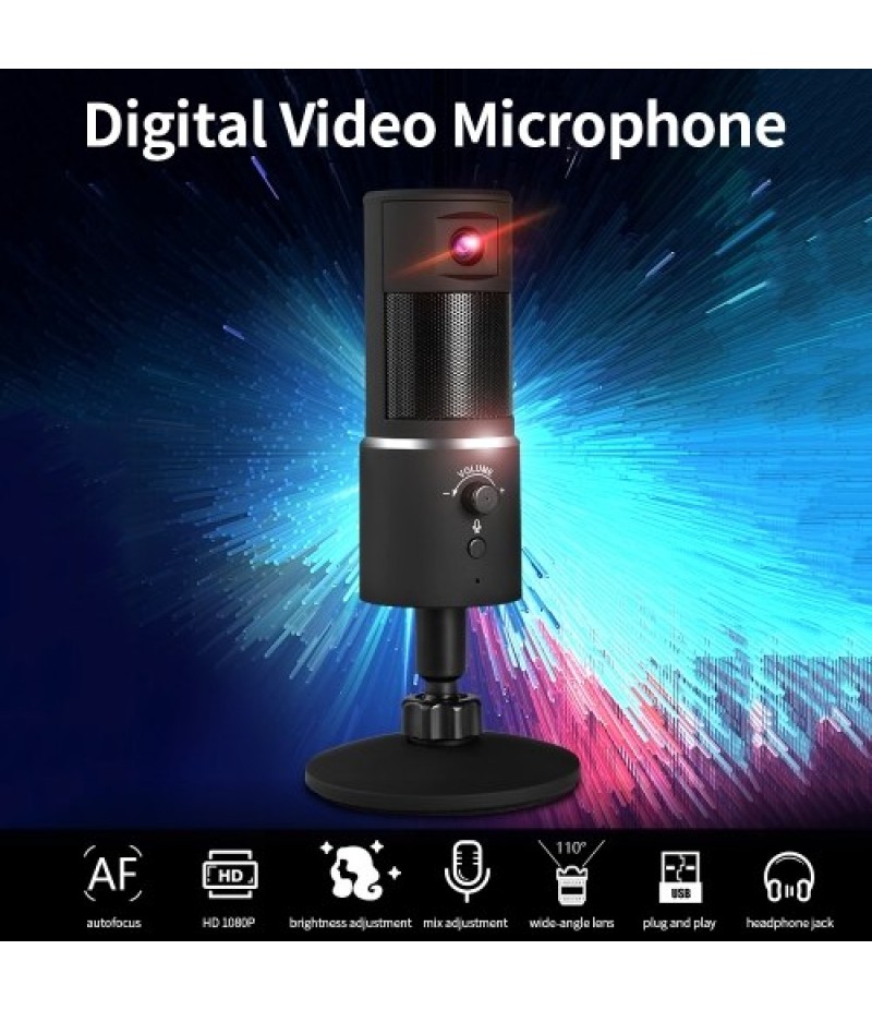 Digital Video Microphone Condenser Recording Microphone + 1080P Camera Hi-Fi Stereo Microphone Plug and Play Black