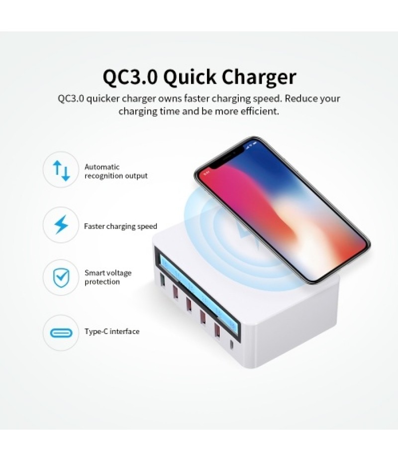 Smart Charging Station with 6 Ports LCD USB Charging Dock QC3.0 Fast Charging Universal Compatibility Charging Station for Famil
