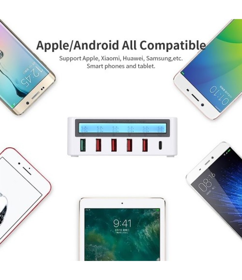 Smart Charging Station with 6 Ports LCD USB Charging Dock QC3.0 Fast Charging Universal Compatibility Charging Station for Famil