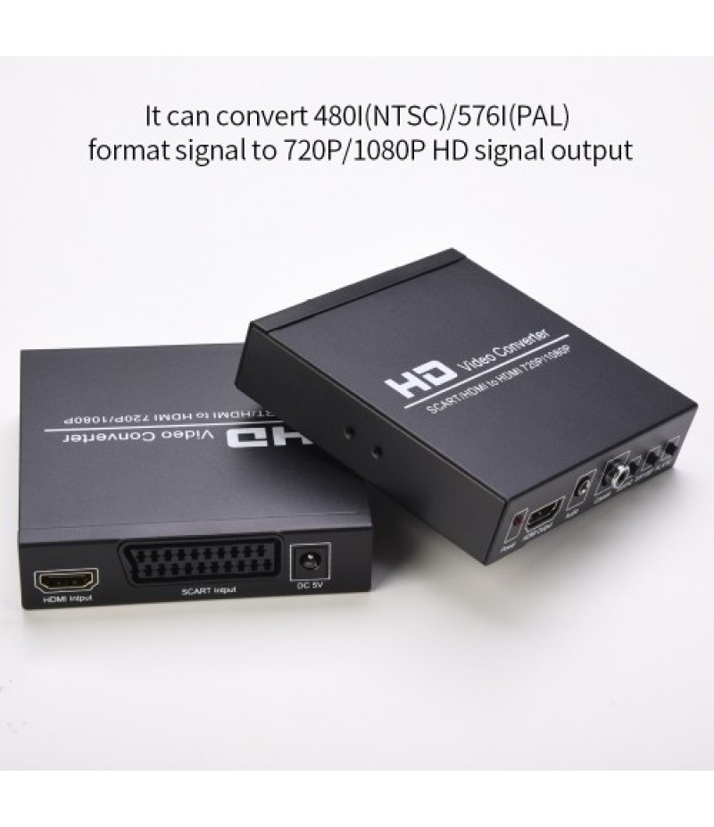 SCART/HD to HD Video Converter Support 720P/1080P Switch PAL/NTSC Switch SCART HD Input HD 3.5mm Audio Coaxial Output EU Plug