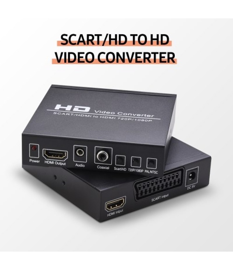 SCART/HD to HD Video Converter Support 720P/1080P Switch PAL/NTSC Switch SCART HD Input HD 3.5mm Audio Coaxial Output EU Plug