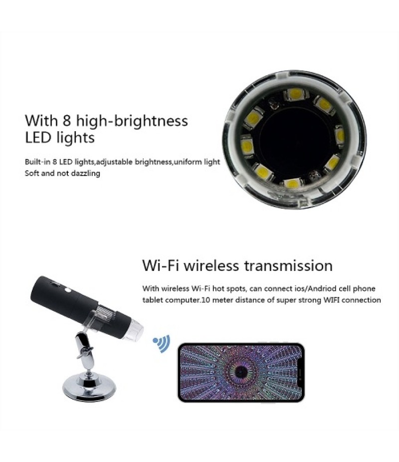 1080P WIFI Digital 1000x Microscope with Adjustable 8 LED Lights Portable Magnifier for IOS/Android Tablet/Phone