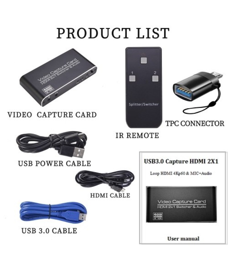 NK-X6 HDMI to USB3.0 Video Capture Card 4K 1080P HDMI 2-in-1 Switcher&amp;Audio Compatible with PS4/XBOX/Recording/Live Streamin