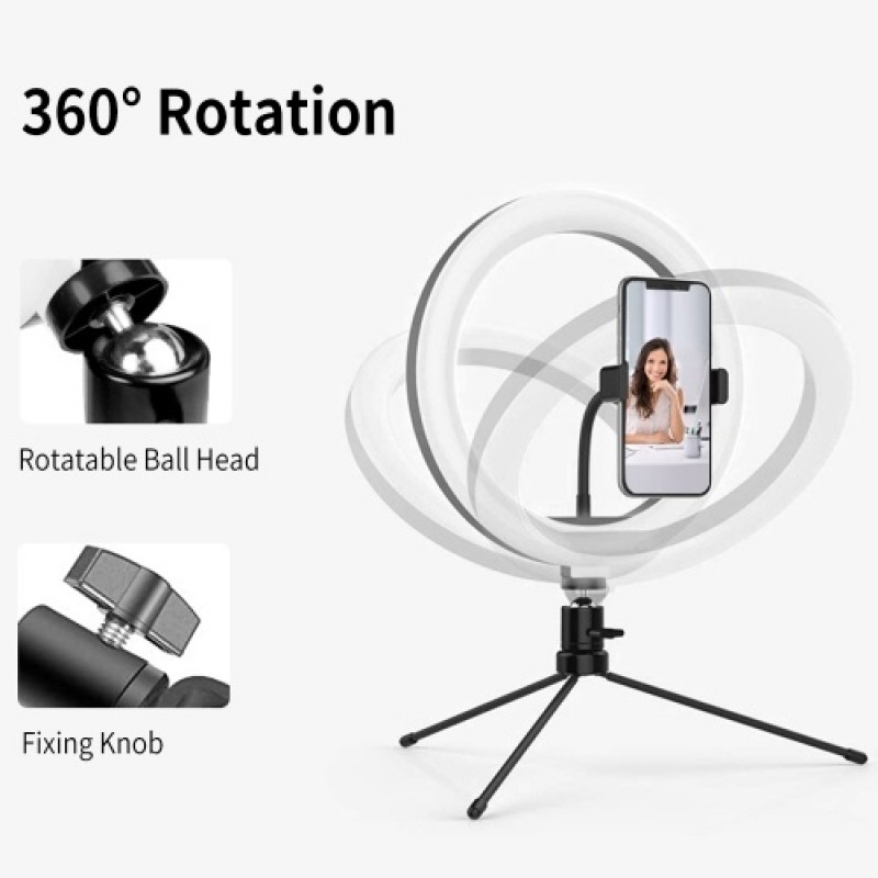 10in USB Desktop Ring Light with 3 Color Modes/10 Brightness Levels/Flexible Power Supply/360° Rotatable Ball Head/Phone Stand/T