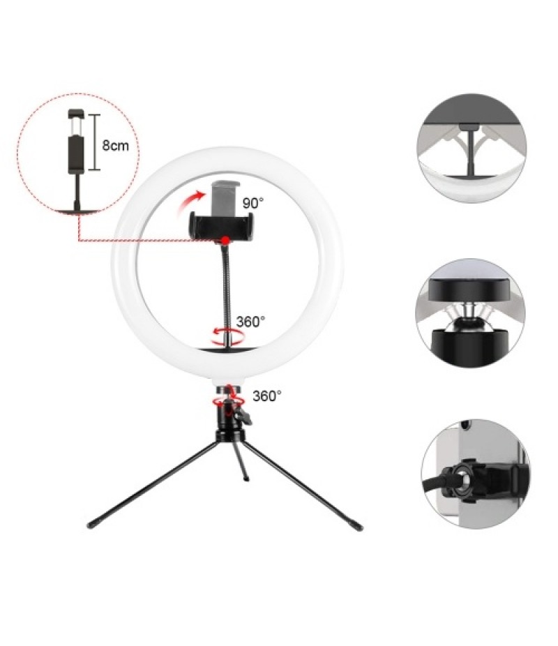10in USB Desktop Ring Light with 3 Color Modes/10 Brightness Levels/Flexible Power Supply/360° Rotatable Ball Head/Phone Stand/T