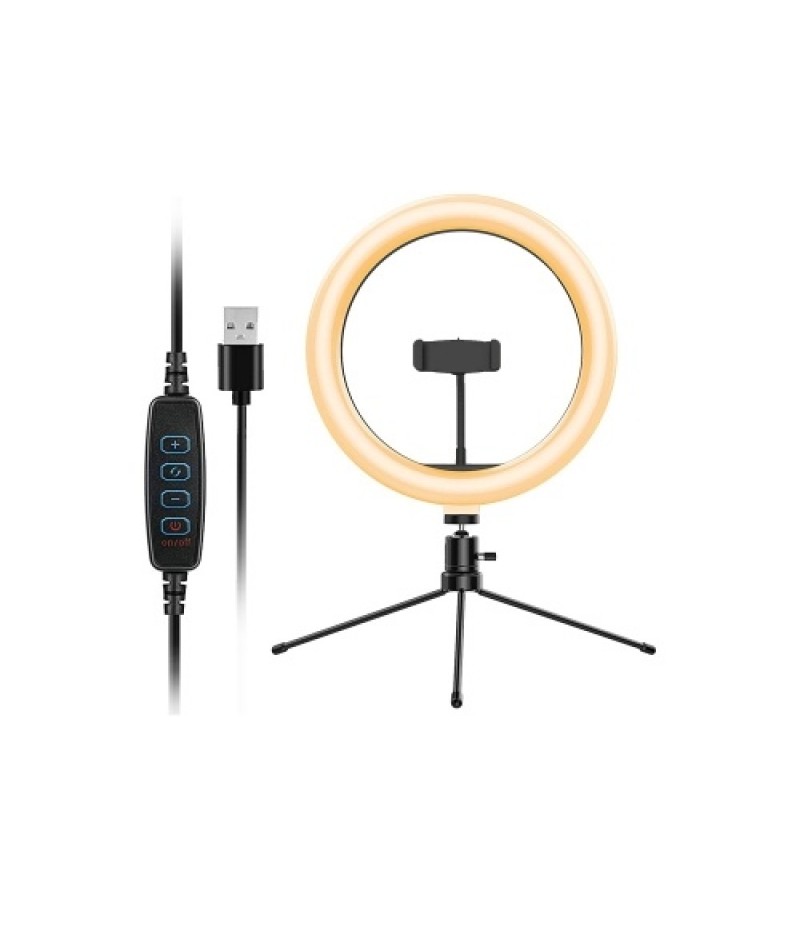 10in USB Desktop Ring Light with 3 Color Modes/10 Brightness Levels/Flexible Power Supply/360° Rotatable Ball Head/Phone Stand/T
