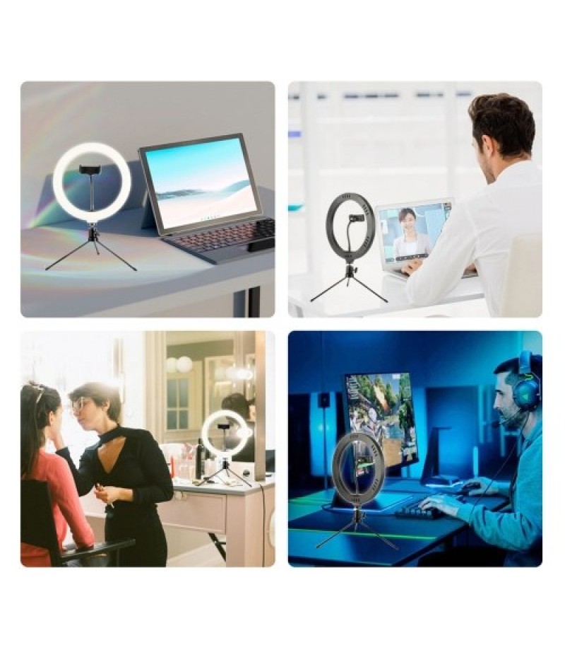 10in USB Desktop Ring Light with 3 Color Modes/10 Brightness Levels/Flexible Power Supply/360° Rotatable Ball Head/Phone Stand/T