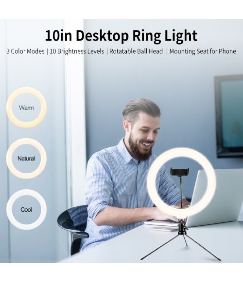 10in USB Desktop Ring Light with 3 Color Modes/10 Brightness Levels/Flexible Power Supply/360° Rotatable Ball Head/Phone Stand/T