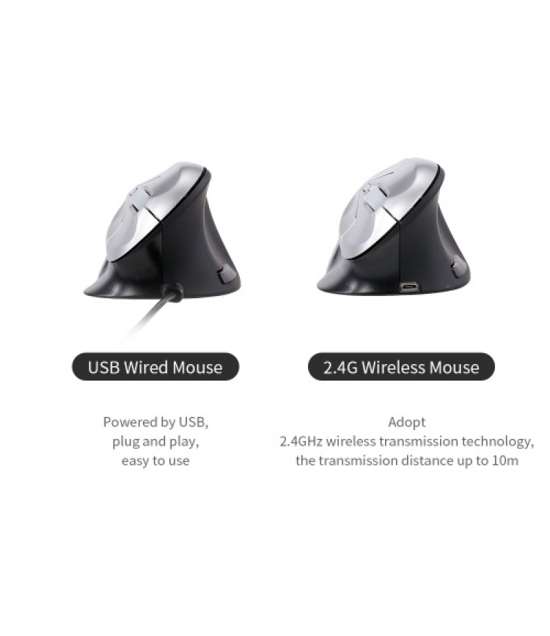 6D Wireless Optical Mouse Vertical Mouse 2.4GHz Gaming Mouse 6 Keys Ergonomic Design Mouse for PC Laptop Black+Silver