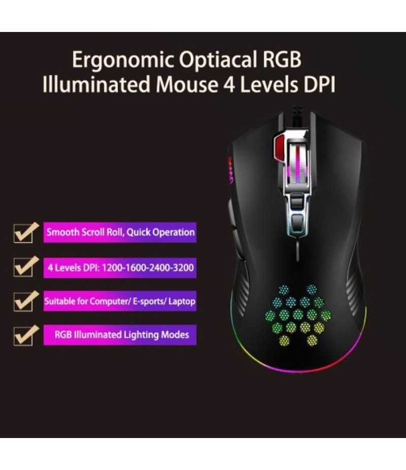 Mouse with USB Chargeing Port Design Ergonomic Optiacal RGB Illuminated Mouse 4 Levels DPI with Scroll Wheel 2 Thumb Buttons for