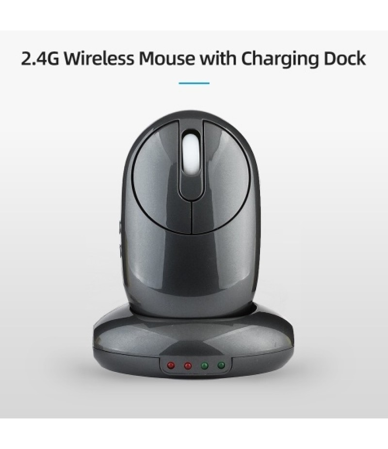 2.4G Wireless Rechargeable Mouse 3-gear Adjustable DPI Ergonomic Optical Mouse with 3-port USB Hub Charging Dock Black