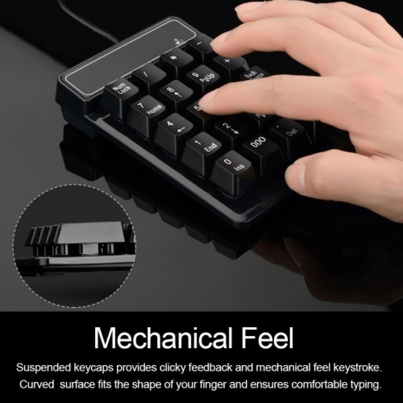 USB Wired Numeric Keypad Mechanical Feel Number Pad Keyboard 19 Keys Water-proof for Laptop Desktop PC Notebook Black