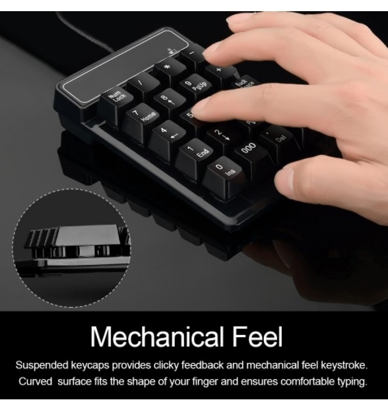 USB Wired Numeric Keypad Mechanical Feel Number Pad Keyboard 19 Keys Water-proof for Laptop Desktop PC Notebook Black