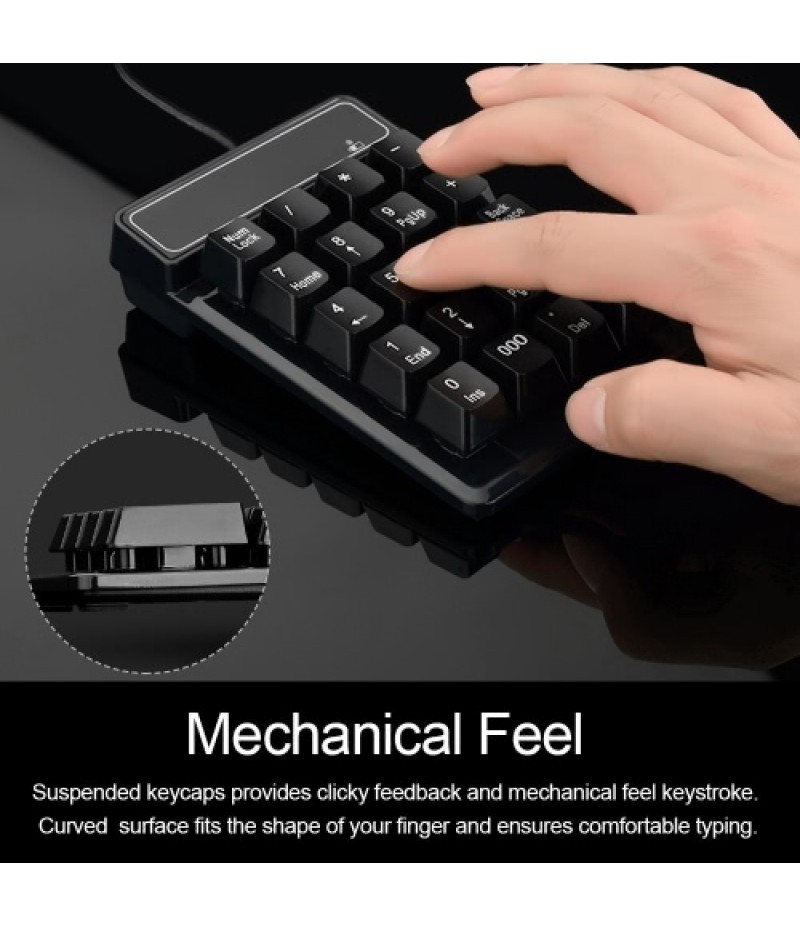 USB Wired Numeric Keypad Mechanical Feel Number Pad Keyboard 19 Keys Water-proof for Laptop Desktop PC Notebook Black