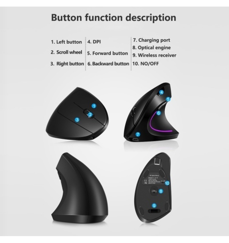 2.4G Wireless Vertical Mouse Rechargeable Upright Ergonomic Mouse 3 Adjustable DPI Levels RGB Flowing Light Plug N Play