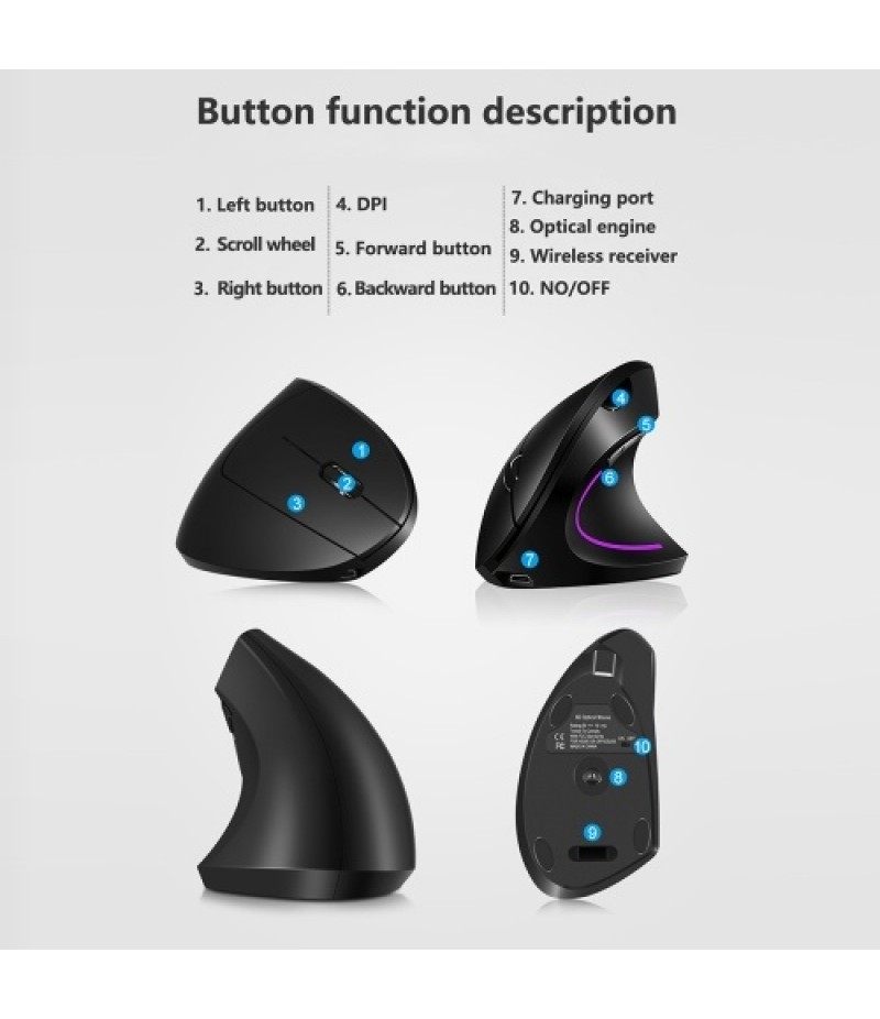 2.4G Wireless Vertical Mouse Rechargeable Upright Ergonomic Mouse 3 Adjustable DPI Levels RGB Flowing Light Plug N Play