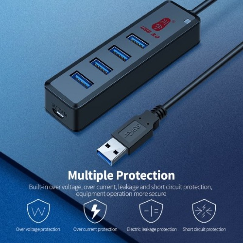 kawau 4-in-1 High-speed USB3.0 Hub USB3.0 Converter Built-in DC Power Port Support Mouse Keyboard U Disk Hard Disk USB Fan