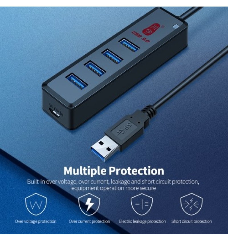 kawau 4-in-1 High-speed USB3.0 Hub USB3.0 Converter Built-in DC Power Port Support Mouse Keyboard U Disk Hard Disk USB Fan