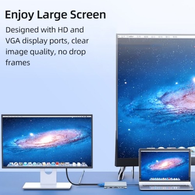 Type-C 11-in-1 Hub Aluminum Alloy Shell with USB2.0 USB3.0 HD VGA PD RJ45 Ports SD TF Card Slots 3.5mm Audio Interface