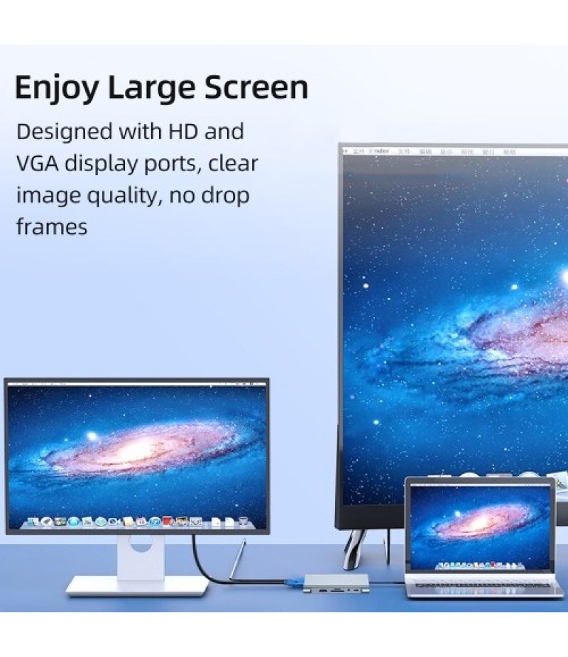 Type-C 11-in-1 Hub Aluminum Alloy Shell with USB2.0 USB3.0 HD VGA PD RJ45 Ports SD TF Card Slots 3.5mm Audio Interface