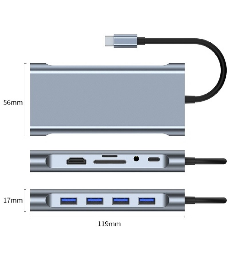 Type-C 11-in-1 Hub Aluminum Alloy Shell with USB2.0 USB3.0 HD VGA PD RJ45 Ports SD TF Card Slots 3.5mm Audio Interface