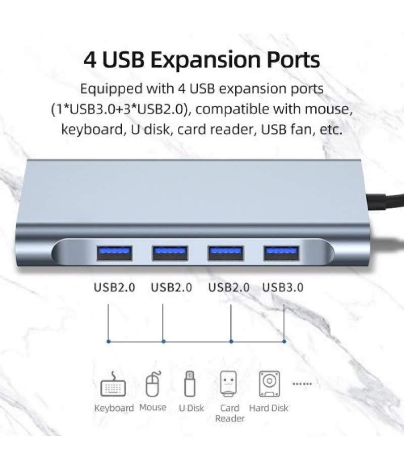 Type-C 11-in-1 Hub Aluminum Alloy Shell with USB2.0 USB3.0 HD VGA PD RJ45 Ports SD TF Card Slots 3.5mm Audio Interface