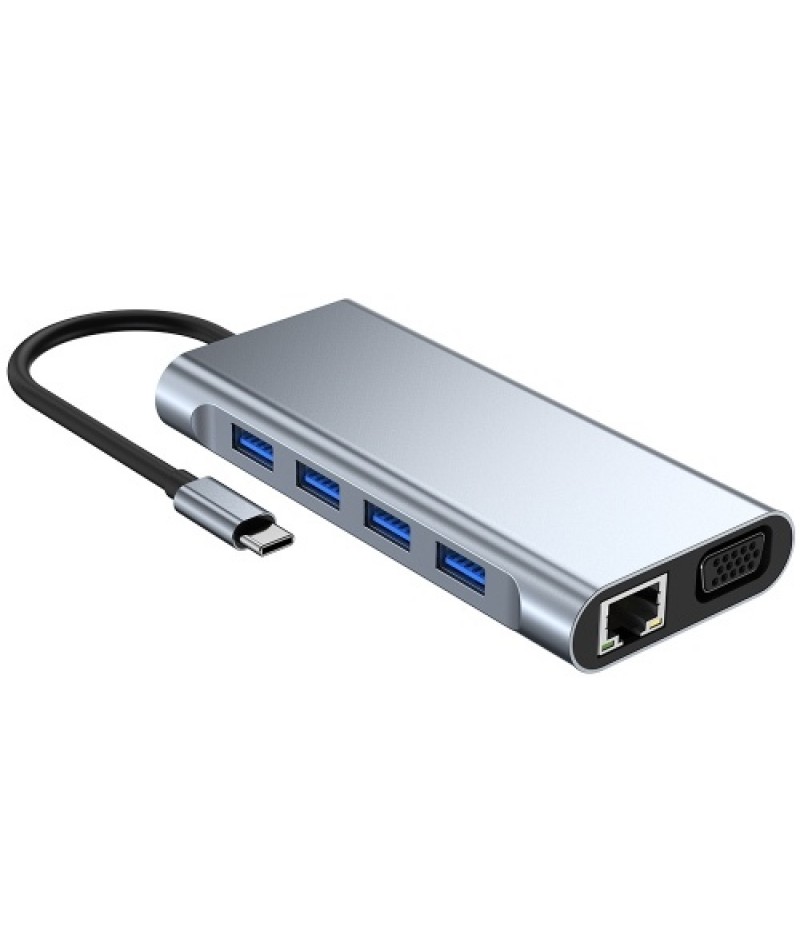 Type-C 11-in-1 Hub Aluminum Alloy Shell with USB2.0 USB3.0 HD VGA PD RJ45 Ports SD TF Card Slots 3.5mm Audio Interface