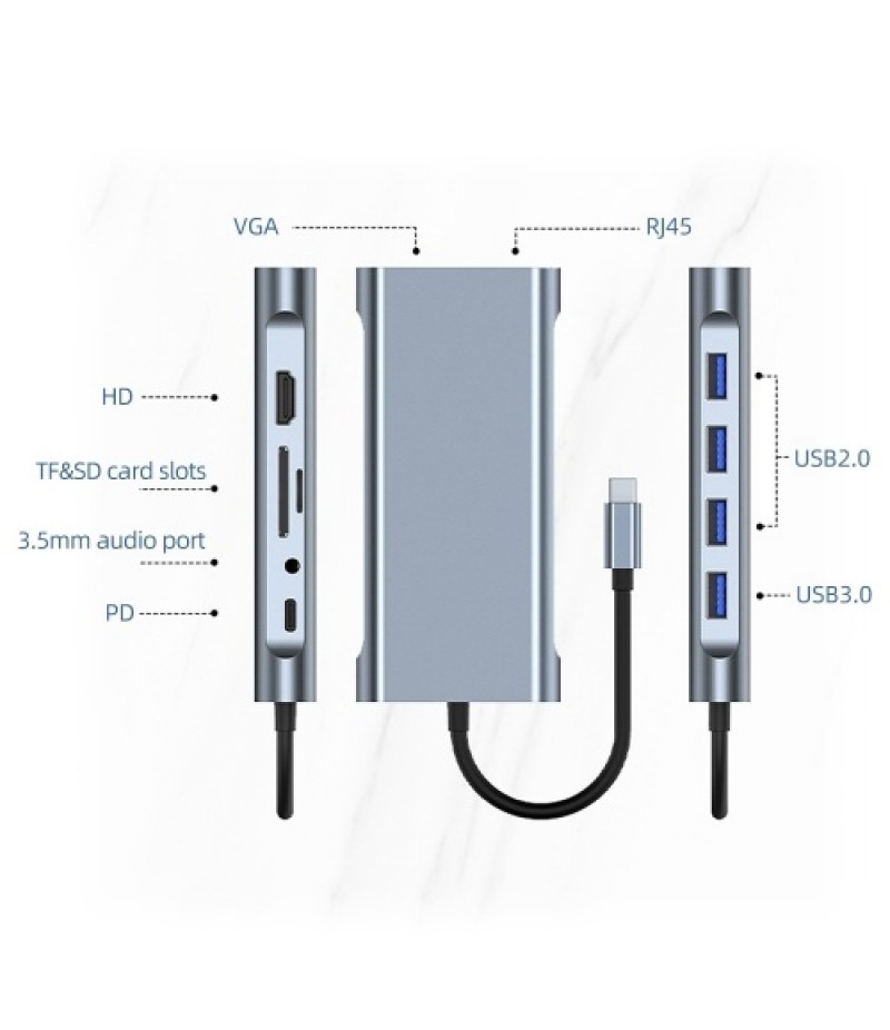 Type-C 11-in-1 Hub Aluminum Alloy Shell with USB2.0 USB3.0 HD VGA PD RJ45 Ports SD TF Card Slots 3.5mm Audio Interface