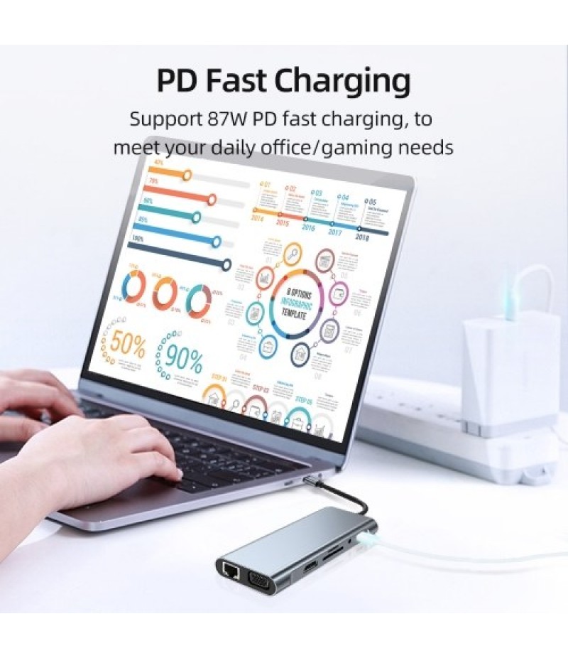 Type-C 11-in-1 Hub Aluminum Alloy Shell with USB2.0 USB3.0 HD VGA PD RJ45 Ports SD TF Card Slots 3.5mm Audio Interface