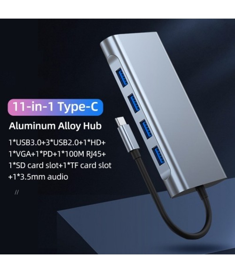 Type-C 11-in-1 Hub Aluminum Alloy Shell with USB2.0 USB3.0 HD VGA PD RJ45 Ports SD TF Card Slots 3.5mm Audio Interface