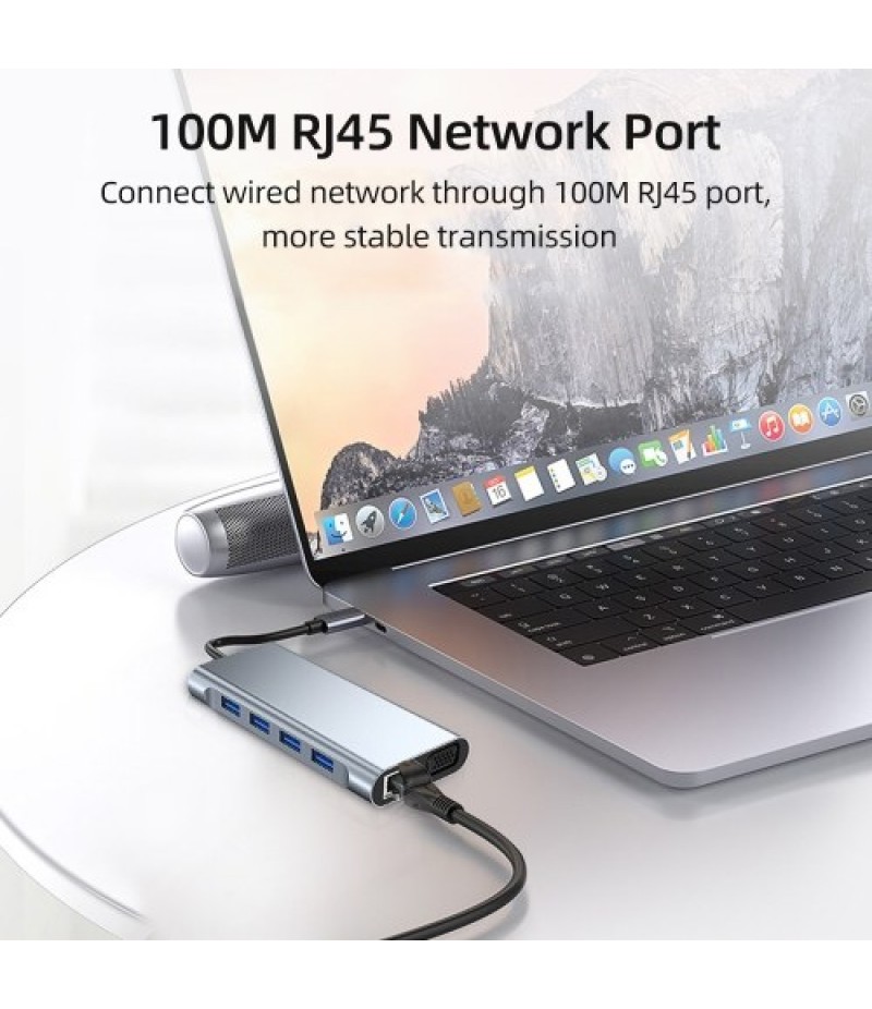 Type-C 11-in-1 Hub Aluminum Alloy Shell with USB2.0 USB3.0 HD VGA PD RJ45 Ports SD TF Card Slots 3.5mm Audio Interface