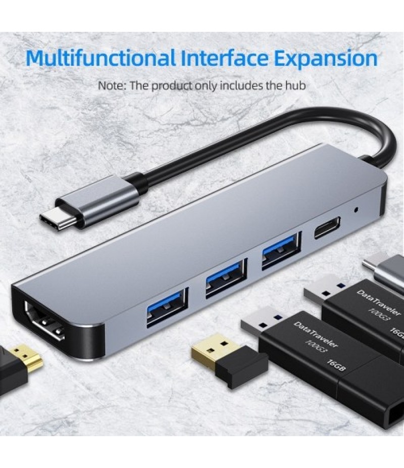 5-in-1 Type-C Hub Multifunctional Type-C Converter Aluminum Alloy Shell with 1*USB3.0 2*USB2.0 HD PD Ports Wide Compatibility