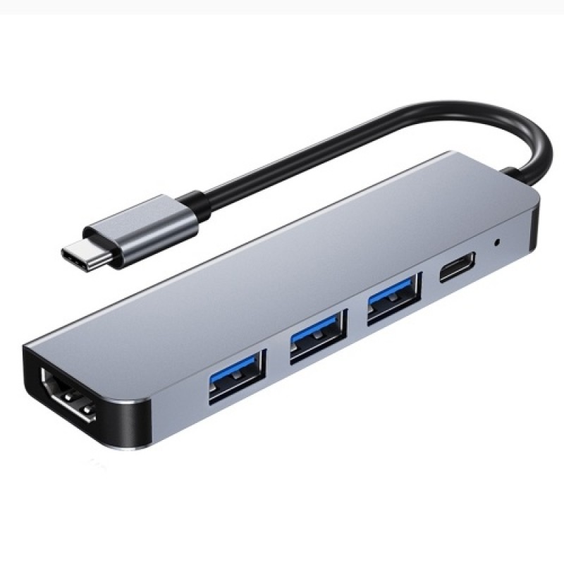5-in-1 Type-C Hub Multifunctional Type-C Converter Aluminum Alloy Shell with 1*USB3.0 2*USB2.0 HD PD Ports Wide Compatibility