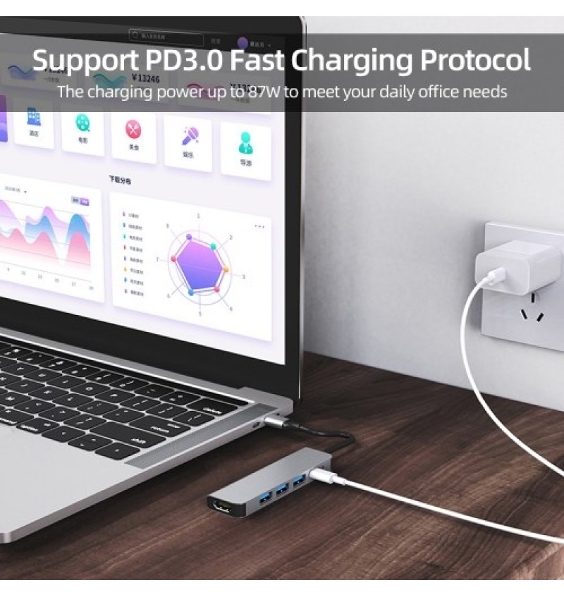 5-in-1 Type-C Hub Multifunctional Type-C Converter Aluminum Alloy Shell with 1*USB3.0 2*USB2.0 HD PD Ports Wide Compatibility