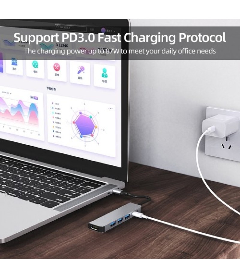 5-in-1 Type-C Hub Multifunctional Type-C Converter Aluminum Alloy Shell with 1*USB3.0 2*USB2.0 HD PD Ports Wide Compatibility